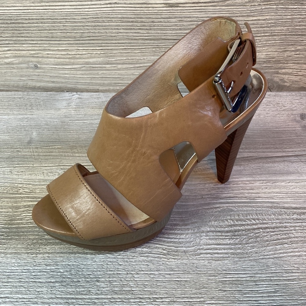 EUC Michale kors brown leather wood stacked heeled strappy sandals shoes sz 6.5